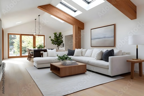 Spacious and inviting living room with a modern minimalist design featuring a comfortable couch wooden coffee table and natural lighting from the and skylights