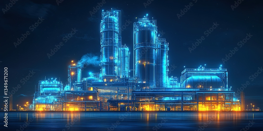 Fototapeta premium Industrial facility illuminated at night with glowing machinery and smoke rising in the air near a body of water