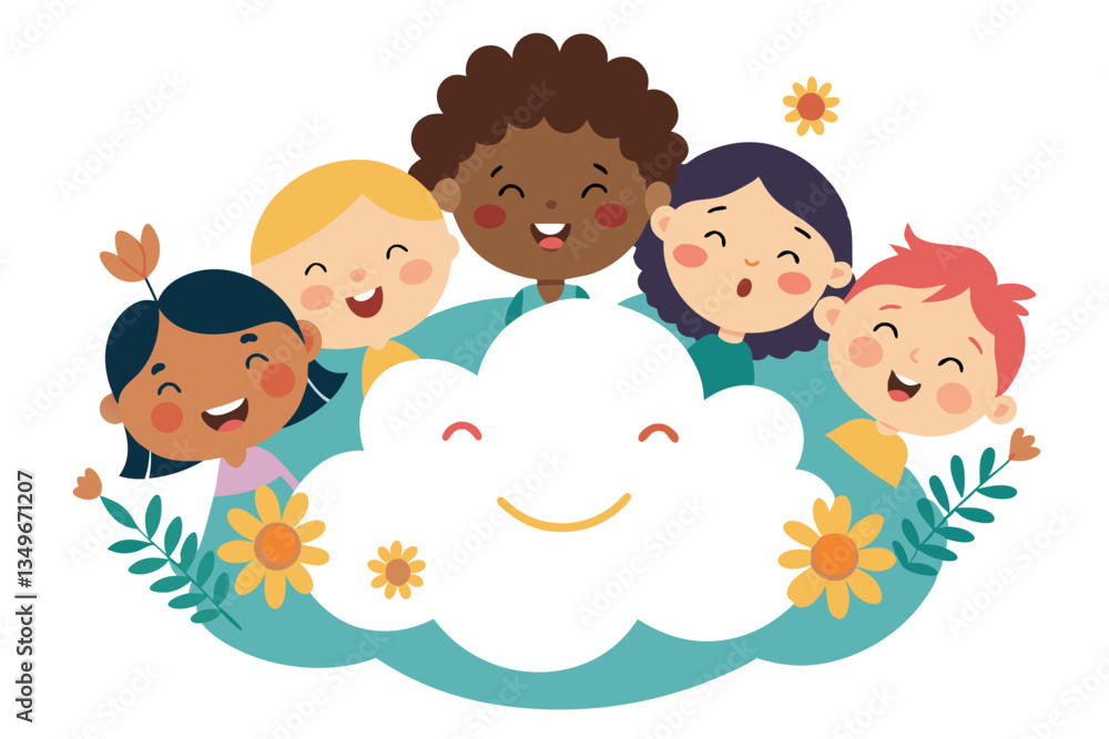 Happy Diverse Children Group Around Smiling Cloud, Flowers, Flat Style Happy Diverse Children Group Around Smiling Cloud, Flowers, Flat Style