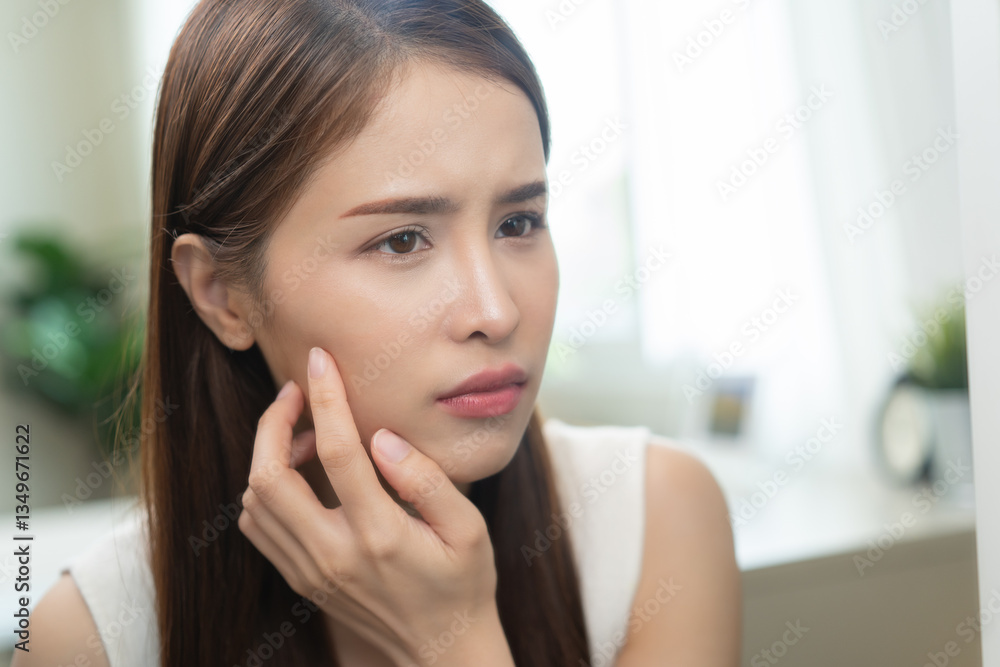 Anti aging, worry puberty asian young woman, stressed girl looking in mirror, allergy presenting an allergic reaction from cosmetic on face. Beauty, health care from acne problem, dry skin, treatment Anti aging, worry puberty asian young woman, stressed girl looking in mirror, allergy presenting an allergic reaction from cosmetic on face. Beauty, health care from acne problem, dry skin, treatment