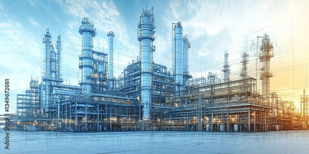 Industrial complex showcases modern architecture and engineering at twilight in a bustling manufacturing hub Industrial complex showcases modern architecture and engineering at twilight in a bustling manufacturing hub