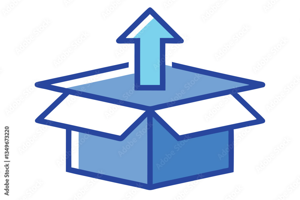 Open Box with Arrow Upwards, Simple Design, Blue Border, White Fill, Isolated Icon Open Box with Arrow Upwards, Simple Design, Blue Border, White Fill, Isolated Icon