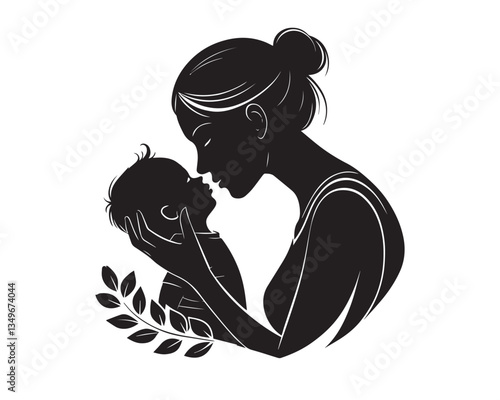 A black vector silhouette of a mother kissing her baby’s forehead, minimalist and elegant.