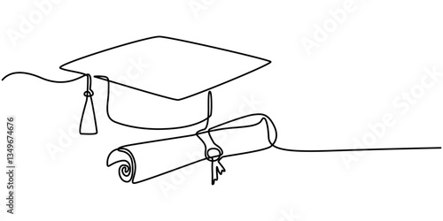 One continuous line drawing of graduation hat. Concept of student of university college and school. Doodle vector illustration, cap and diploma one line continous vector illustration, hand drawn line