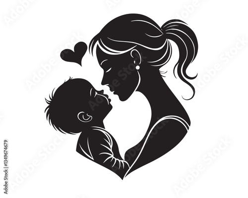 A black vector silhouette of a mother kissing her baby’s forehead, minimalist and elegant.