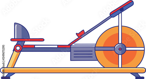 Rowing Machine Fitness Equipment Illustration, A colorful illustration of a rowing machine, designed for fitness and workout purposes, featuring a detailed side view.
