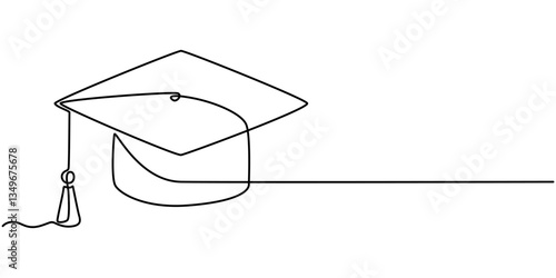 One continuous line drawing of graduation hat. Concept of student of university college and school. Doodle vector illustration, cap and diploma one line continous vector illustration, hand drawn line