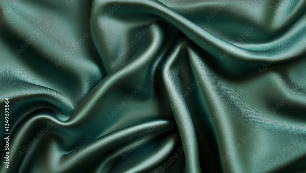 Obraz premium Green background, smooth green fabric texture with waves.