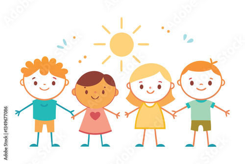 Smiling Cartoon Kids Holding Hands, Diverse Ethnicity Group, Sun, Flat Design, Joyful