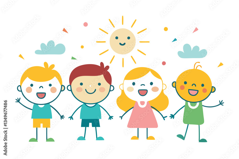 Smiling Stick Figure Kids Holding Hands Under Sunny Sky, Cheerful Cartoon Children Smiling Stick Figure Kids Holding Hands Under Sunny Sky, Cheerful Cartoon Children