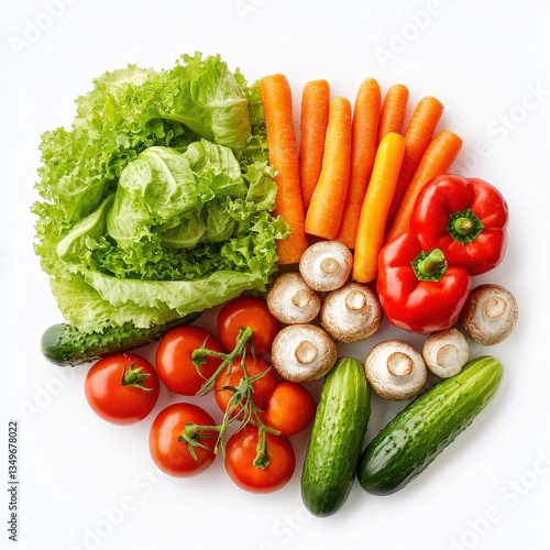 Colorful farm-fresh vegetables arranged on white background in overhead view, symbolizing clean eating and plant-based nutrition. Perfect for wellness ads, recipes, and grocery promotions.