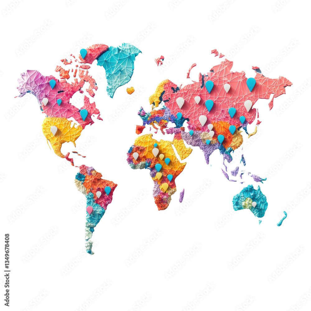Fototapeta premium Vibrant World Map Artwork with Colorful Markers