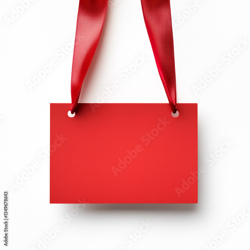 Red Hanging Sign with Elegant Ribbon Straps on White Background