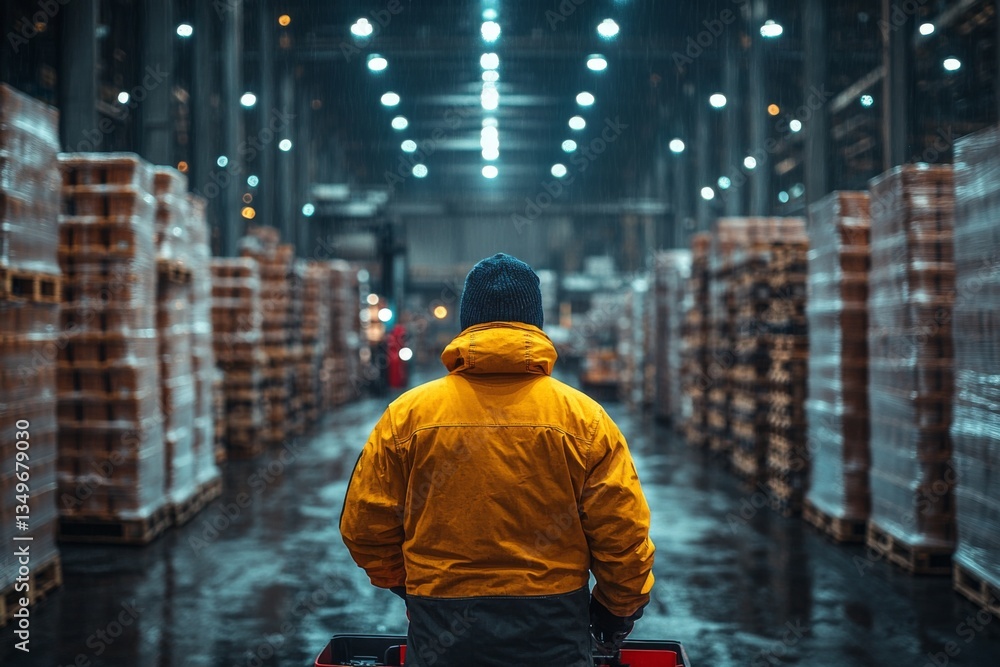 A worker wearing a yellow jacket drives a pallet jack through a vast warehouse, surrounded by neatly stacked pallets and bright lights Generative AI A worker wearing a yellow jacket drives a pallet jack through a vast warehouse, surrounded by neatly stacked pallets and bright lights Generative AI