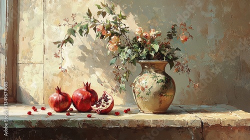Still Life with Pomegranates and Vase of Flowers