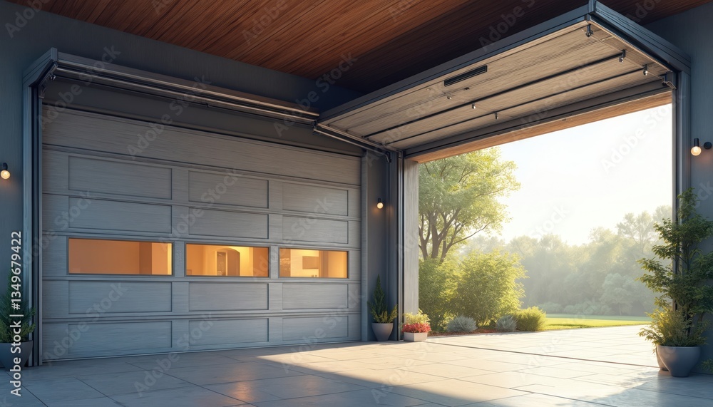 Obraz premium Modern automated garage door with track mechanism. Metal steel white grey panels on residential house exterior. Smart system, automatic opening, closing, smooth silent movement.