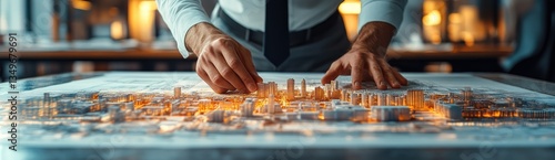 Man examining illuminated city model in office