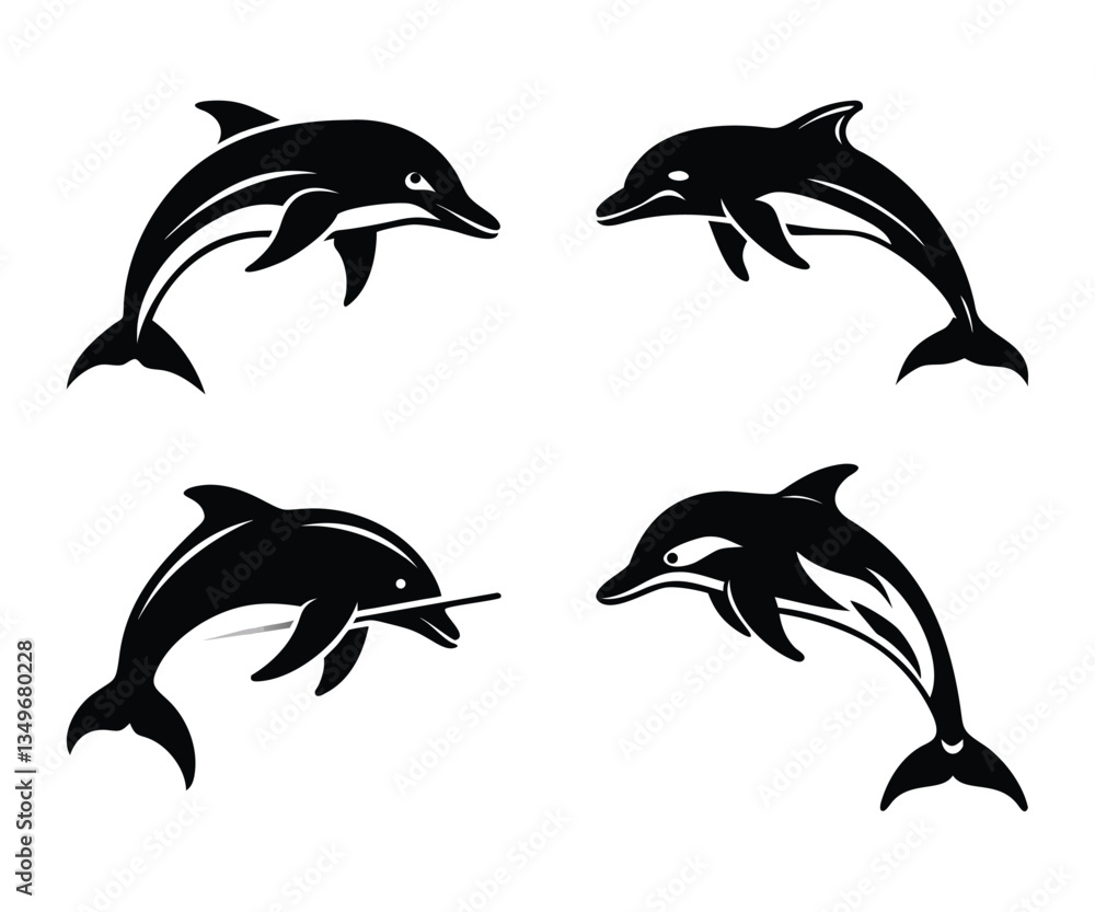 Fototapeta premium Vector illustration of a dolphin set silhouette jumping in the ocean, Dolphin logo set. Vector illustration of a dolphin logo set.