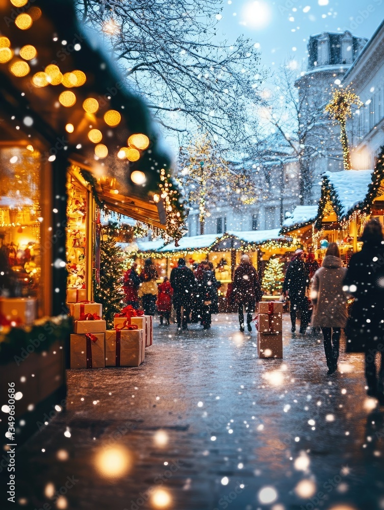 Obraz premium A bustling winter market scene filled with holiday decorations, twinkling lights, and shoppers enjoying the festive atmosphere amidst falling snowflakes and seasonal cheer