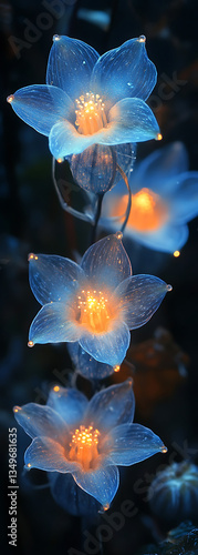 Glowing Blue Flowers with Golden Centers on Dark Background