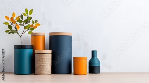 A collection of diverse storage boxes and bins made from cardboard wicker and metal in neutral tones arranged on a light wooden table