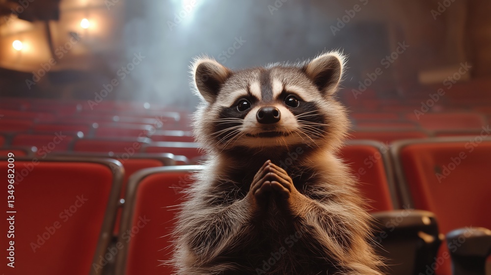Fototapeta premium A raccoon is sitting in a cinema, looking up at the camera. The scene is set in a red theater with rows of chairs. The raccoon appears to be posing for a photo