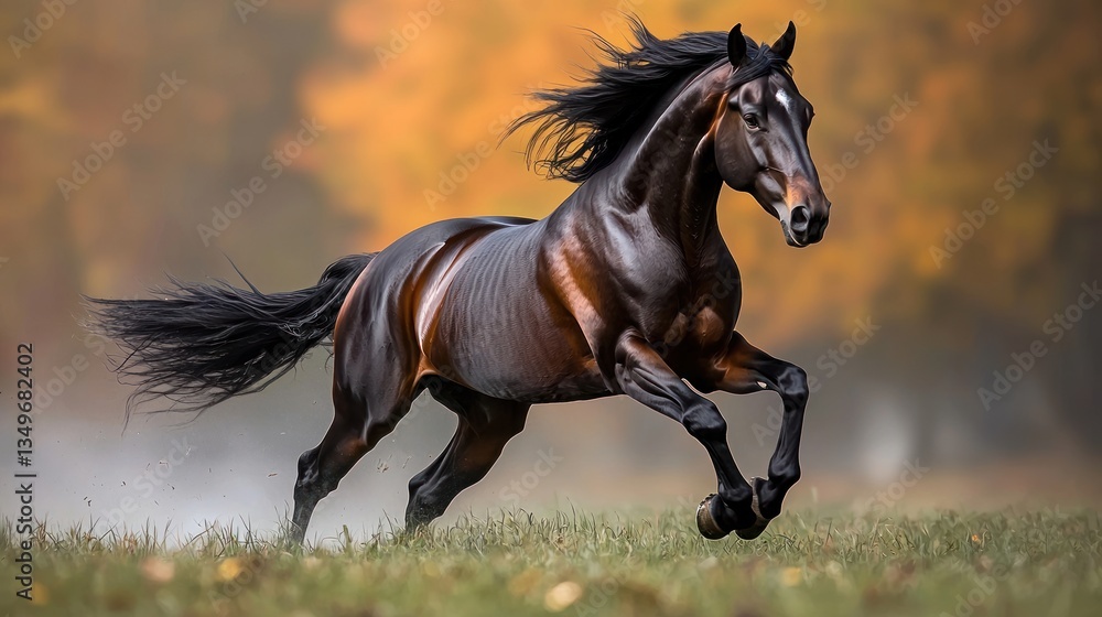 Bay horse with flowing mane runs in autumn field. Bay horse with flowing mane runs in autumn field.