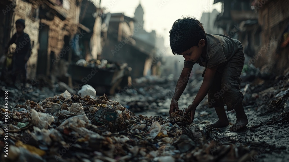 Barefoot boy searching through urban trash in a polluted dump, symbolizing poverty and survival. Perfect for social issue campaigns, environmental awareness, and humanitarian visuals. Barefoot boy searching through urban trash in a polluted dump, symbolizing poverty and survival. Perfect for social issue campaigns, environmental awareness, and humanitarian visuals.