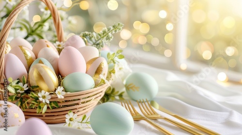 Delightful Basket Of Golden And Pastel Easter Treasures.