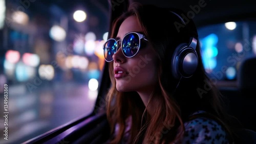 Woman Listening to Music in Car at Night with City Lights