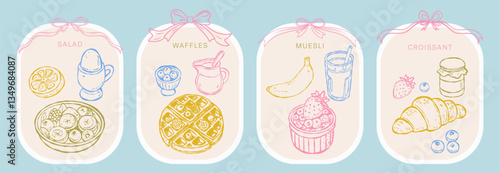 Hand-drawn breakfast food posters with waffles, croissant, muesli, and salad. Elegant pastel color outline vector illustrations with ribbons. Perfect for cafes, packaging, restaurant menus, branding