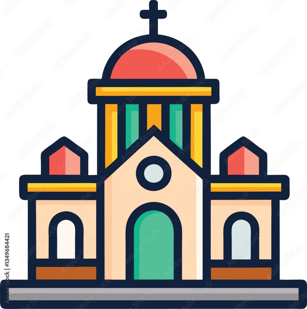 Stylized Church Building with Dome and Cross, A colorful, stylized church building with a red dome and cross on top, featuring vibrant architectural details.
Stylized Church Building with Dome and Cross, A colorful, stylized church building with a red dome and cross on top, featuring vibrant architectural details.