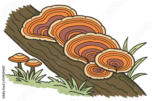 19 vibrant polypore mushroom, tree fungus, bracket fungi, colorful wood decay, layered organic growth, concentric rings, orange and brown tones, natural texture, biological detail, macro photography, 