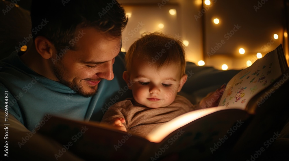 A father reading a bedtime story to his child warm lighting nurturing and affectionate family love A father reading a bedtime story to his child warm lighting nurturing and affectionate family love