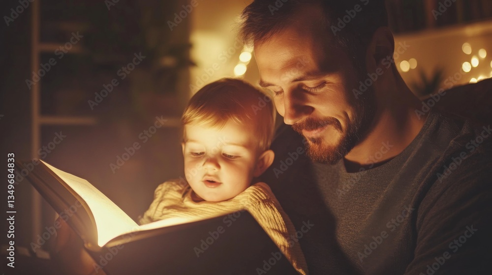 A father reading a bedtime story to his child warm lighting nurturing and affectionate family love A father reading a bedtime story to his child warm lighting nurturing and affectionate family love