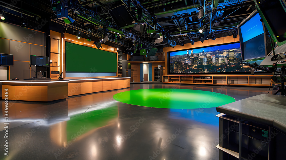 A 3D-rendered TV studio with a wall-mounted TV serves as an ideal backdrop for TV shows, news broadcasts, and green screen or chroma key video and photo A 3D-rendered TV studio with a wall-mounted TV serves as an ideal backdrop for TV shows, news broadcasts, and green screen or chroma key video and photo