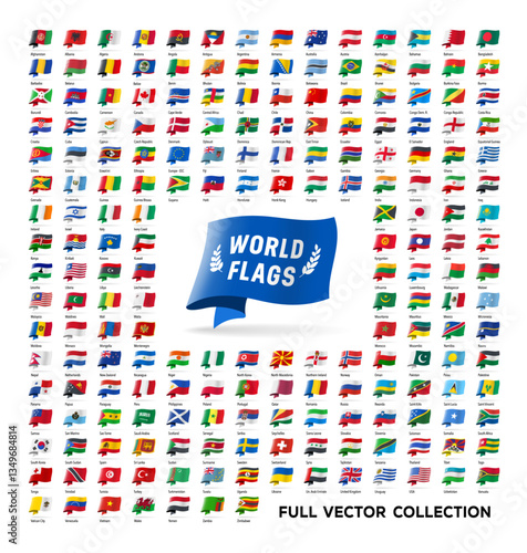 World flags blowing in the wind, vector icons collection set, waving banners