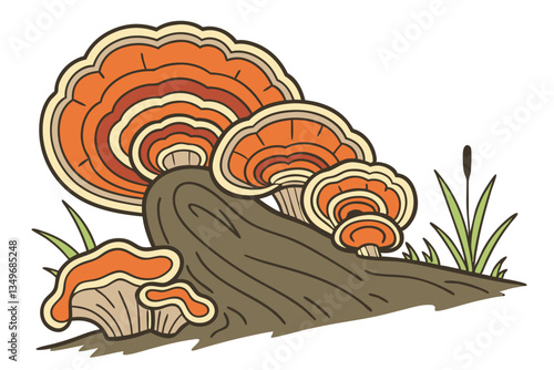 19 vibrant polypore mushroom, tree fungus, bracket fungi, colorful wood decay, layered organic growth, concentric rings, orange and brown tones, natural texture, biological detail, macro photography, 