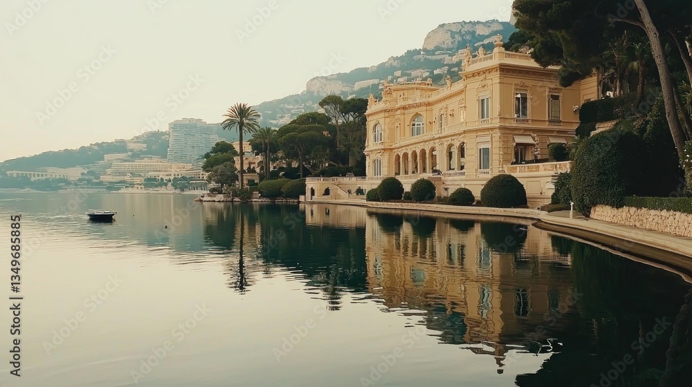 Fototapeta premium Elegant mansion reflecting on calm waterfront, luxury estate, serene morning scene