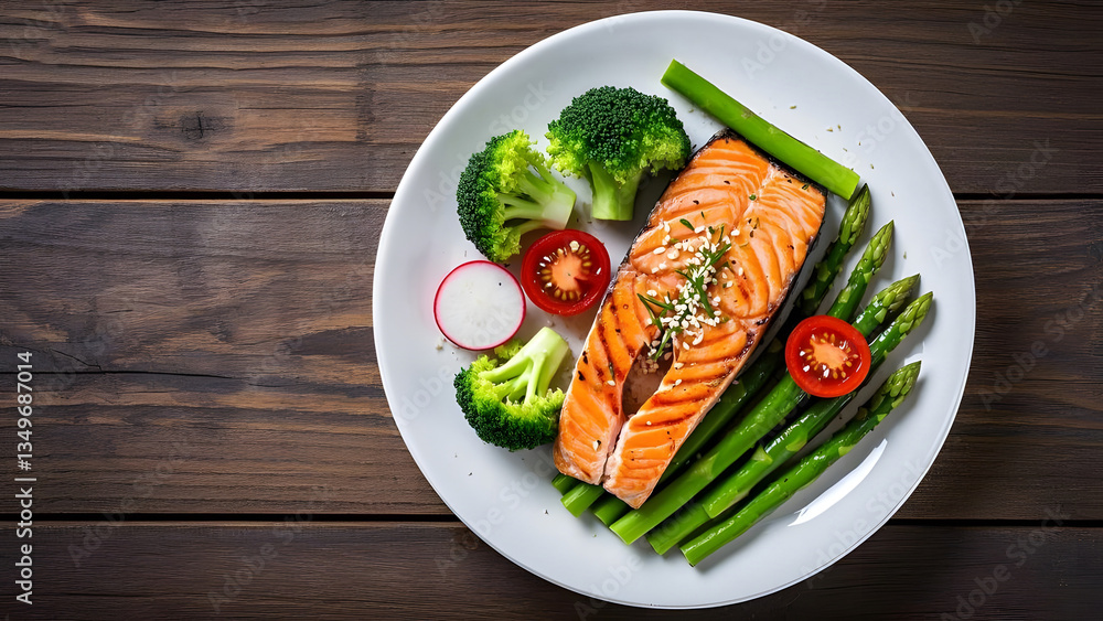 Roasted salmon steak with asparagos broccoli carrot tomatoes radish green beans and peas. Roasted salmon steak with asparagos broccoli carrot tomatoes radish green beans and peas.