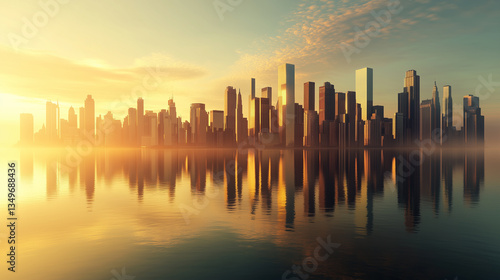 Sunrise city skyline water reflection