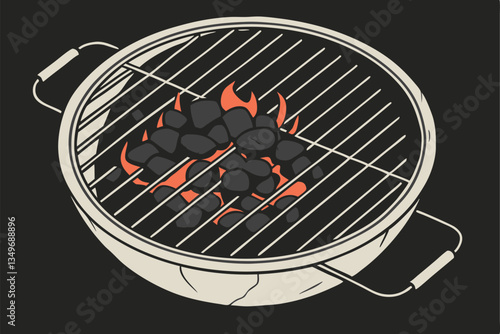 20 top-down view, round barbecue grill, burning charcoal, flames, glowing embers, metal grate, black background, high contrast, realistic, detailed, product photography, isolated object, cooking equip