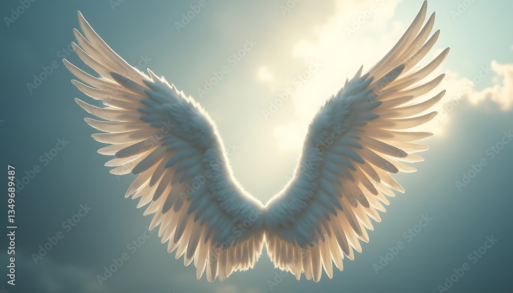 Fototapeta premium Majestic White Angel Wings Against Sunlit Sky