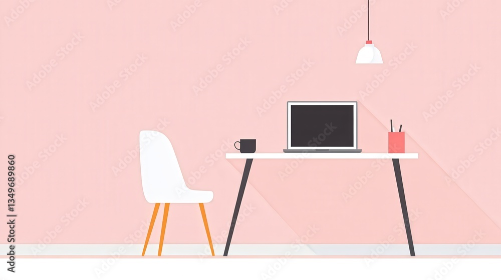 Fototapeta premium Internet Declutter Choice Design. Minimalist workspace with a laptop, chair, and pink wall.
