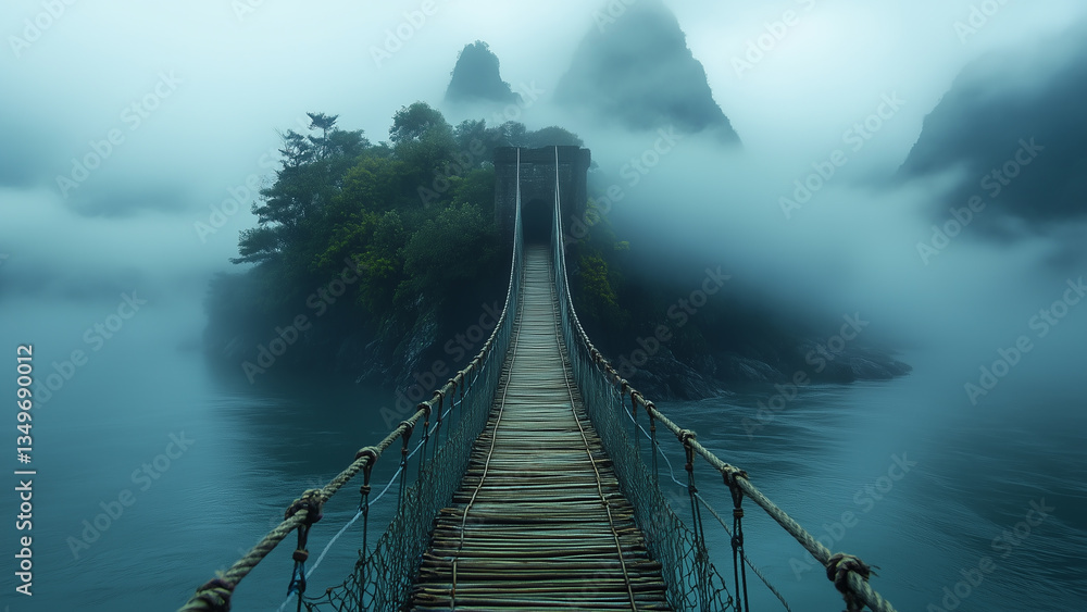 Fototapeta premium Mysterious suspension bridge leads to an island shrouded in misty mountains at dawn