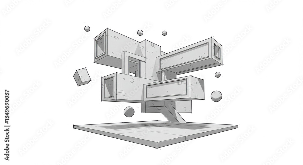 Naklejka premium Abstract Architectural Sketch Modern Geometric Building Design with Floating Cubes