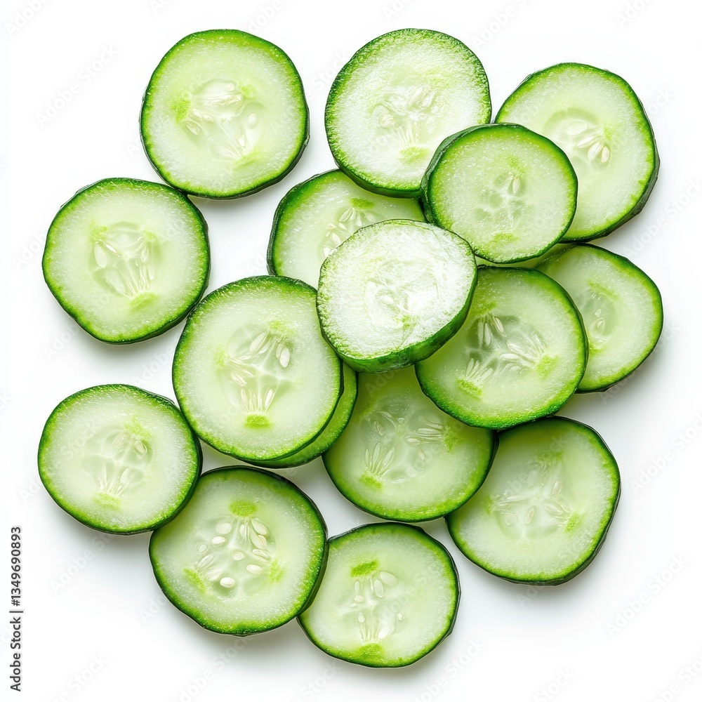 Freshly Sliced Cucumber Circles on White Background Ideal for Healthy Eating, Cooking, Salads, and Refreshing Dishes With Natural Ingredients Freshly Sliced Cucumber Circles on White Background Ideal for Healthy Eating, Cooking, Salads, and Refreshing Dishes With Natural Ingredients