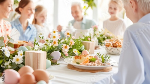 Family Gathered For Festive Meal With Spring Decor.