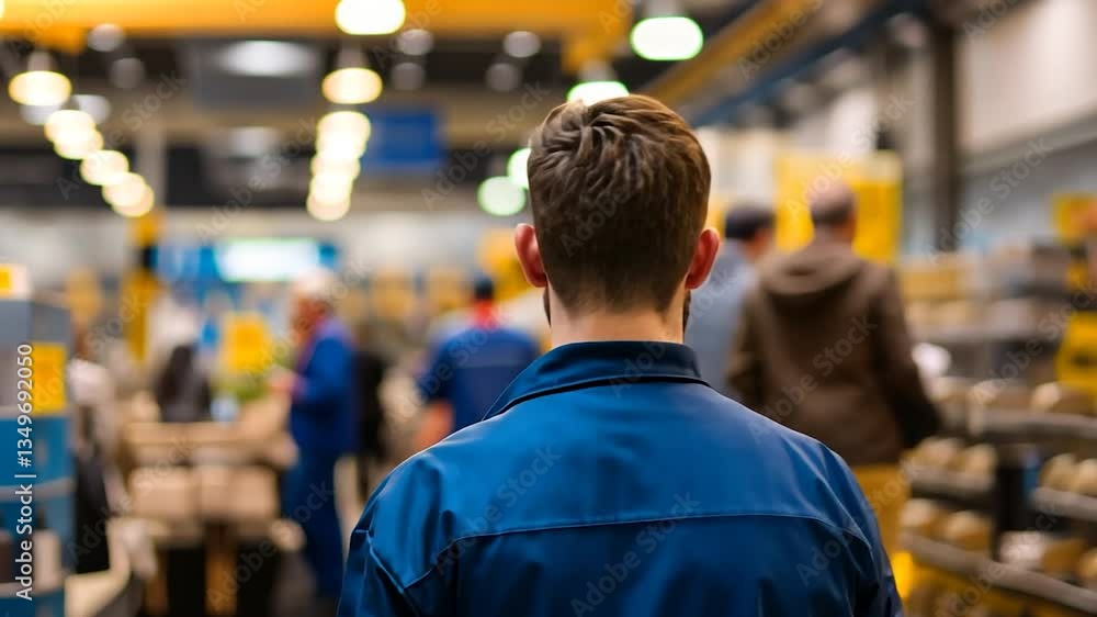 Worker observing operations in a busy manufacturing facility Worker observing operations in a busy manufacturing facility
