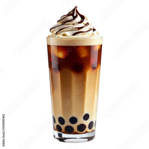 Bubble tea. Bubble tea, cappuccino, cocoa, hot chocolate, coffee, glace. Detailed isolated, bright, tasty drink in a glass. Restaurant menu mockup.